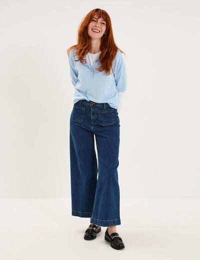 Pull col polo manches courtes bleu femme