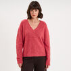Pull col V ajour&eacute; manches longues rose cerise femme