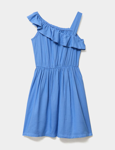 Robe encolure asym&eacute;trique &agrave; volants bleu electrique fille