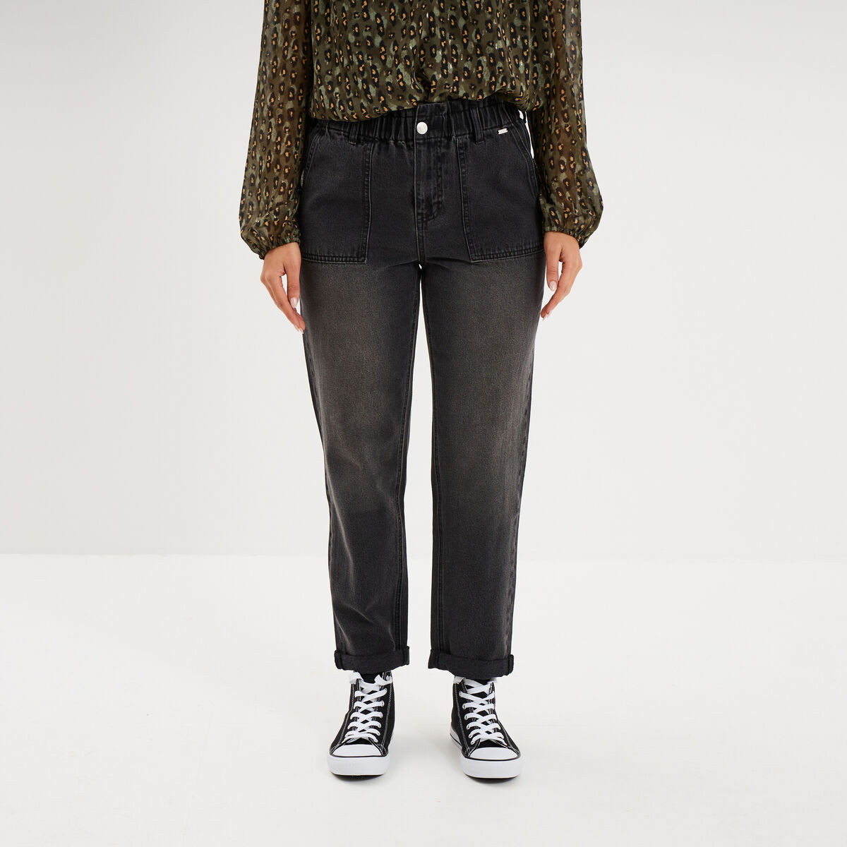 Jean paperbag cropped taille &eacute;lastiqu&eacute;e denim noir femme