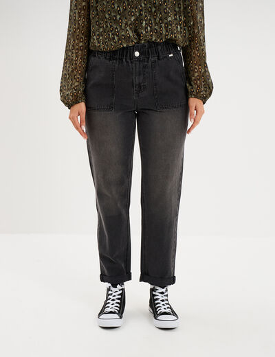 Jean paperbag cropped taille &eacute;lastiqu&eacute;e denim noir femme