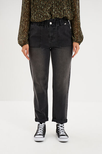 Jean paperbag cropped taille &eacute;lastiqu&eacute;e denim noir femme