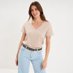 T-shirt manches courtes col en V coton beige femme