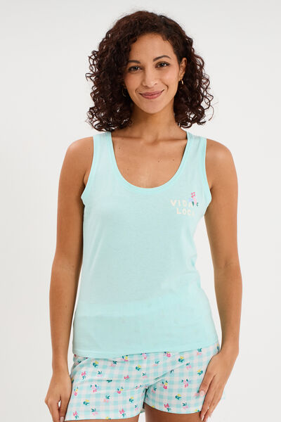 D&eacute;bardeur col rond droit coton bleu turquoise femme
