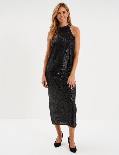 D&eacute;bardeur sequins et encolure am&eacute;ricain noir femme