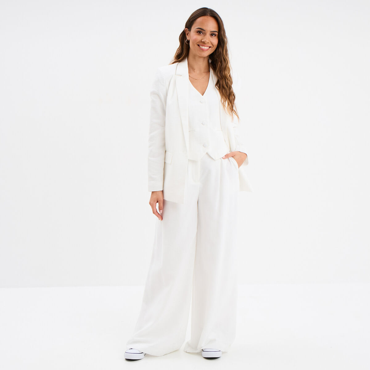 Pantalon large avec pinces blanc femme