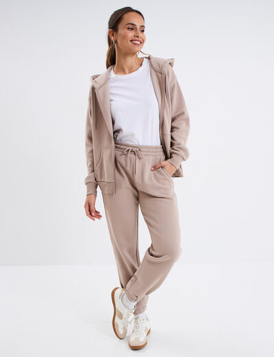 Sweat zippé à capuche beige femme