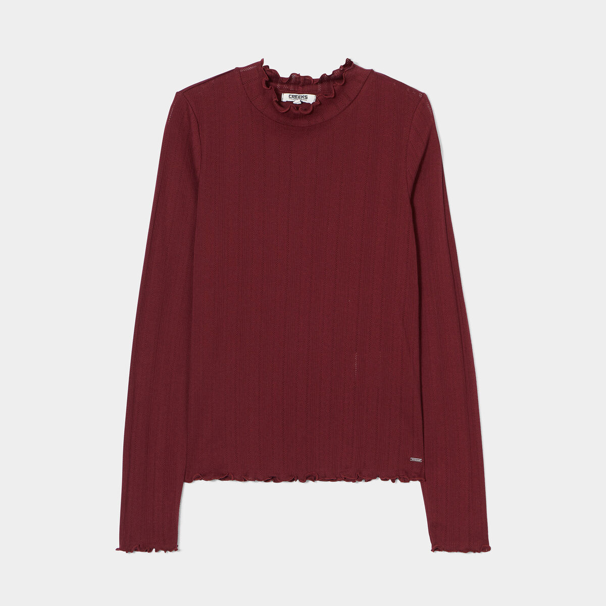 T-shirt côtelé col montant coton Creeks bordeaux femme