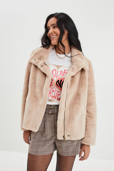Veste imitation fourrure col montant beige femme