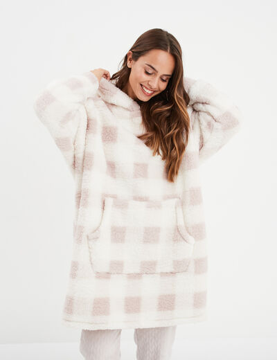 Poncho plaid effet polaire à capuche rose femme
