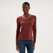 T-shirt col en V manches longues coton bordeaux femme