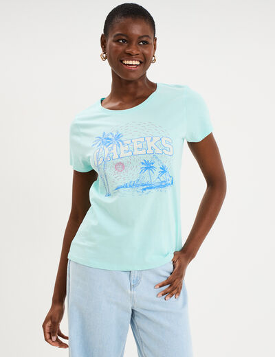 T-shirt manches courtes col rond coton bleu turquoise femme