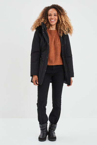 Parka mi-longue à capuche fourrure noir femme