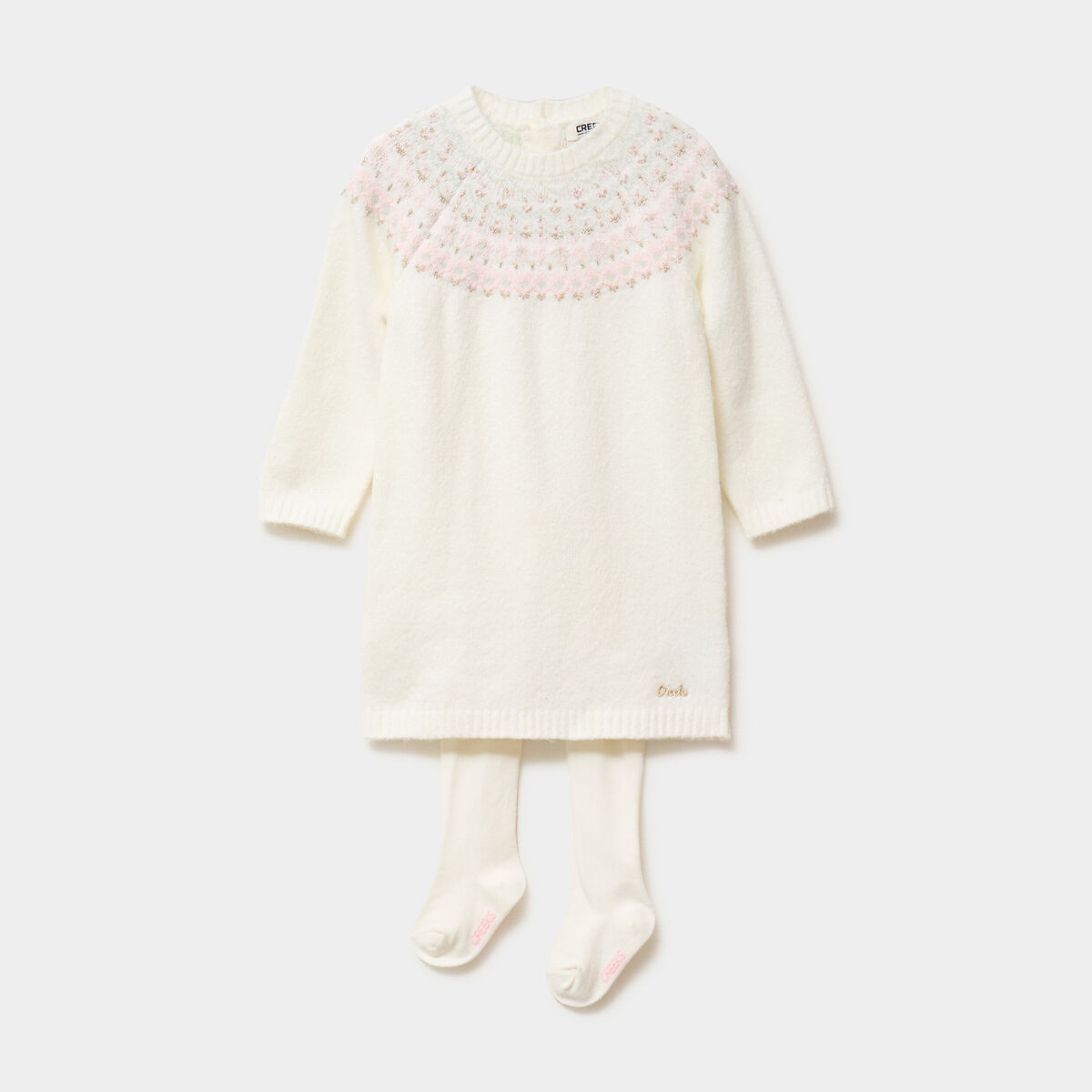 Ensemble robe-pull et collants blanc b&eacute;b&eacute; fille