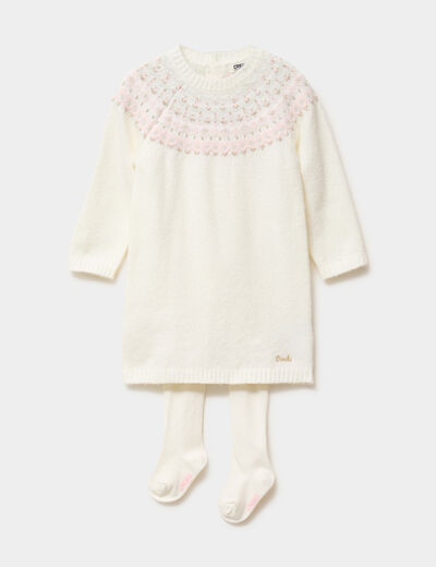 Ensemble robe-pull et collants blanc b&eacute;b&eacute; fille