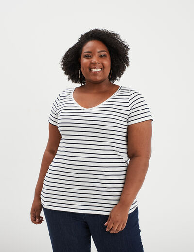 T-shirt col en V manches courtes coton ecru femme grande taille