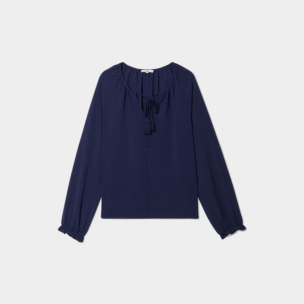 Blouse col v avec cordons à pampilles bleu marine femme
