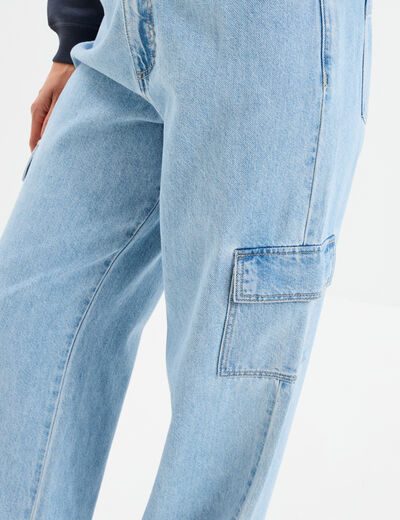 Jeans cargo large coton denim triple stone femme