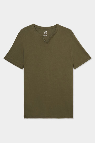 T-shirt manches courtes col tunisien vert kaki homme