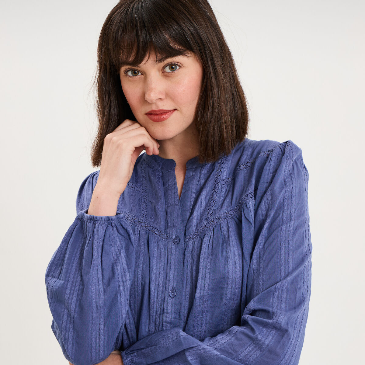 Blouse droite col tunisien coton bleu gris femme