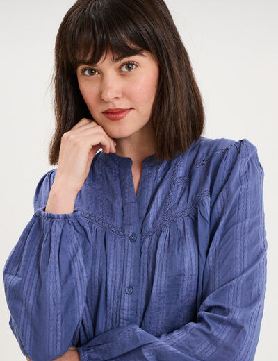 Blouse droite col tunisien coton bleu gris femme