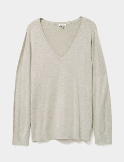 Pull col en V manches longues beige femme grande taille