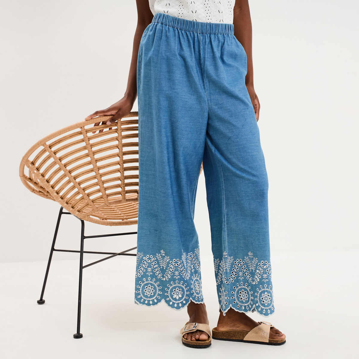 Pantalon avec broderie taille haute denim double stone femme