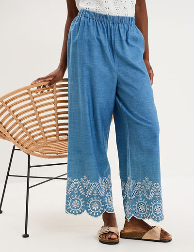 Pantalon avec broderie taille haute denim double stone femme