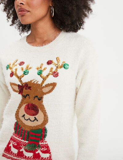 Pull de No&euml;l lumineux &agrave; sequins ivoire femme