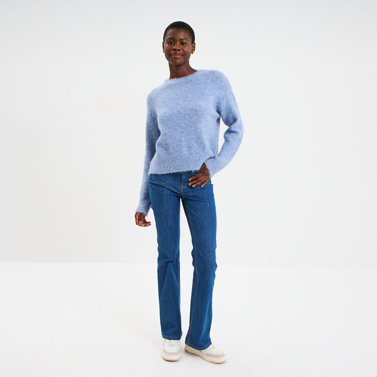 Pull col rond manches longues bleu ciel femme