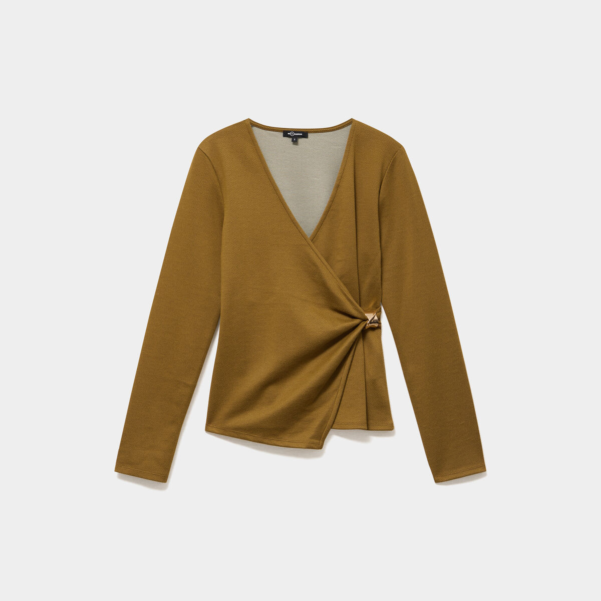T-shirt ajust&eacute; col cache-coeur vert olive femme