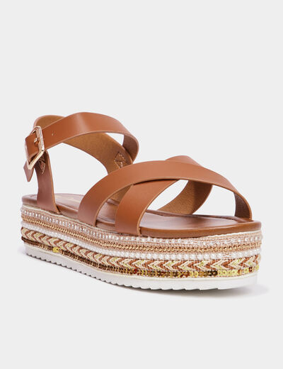 Sandales plateformes détails bijoux marron femme