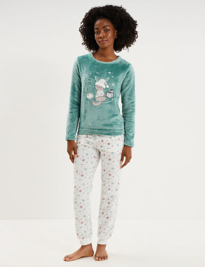 Ensemble pyjama pantalon effet velours bleu gris femme