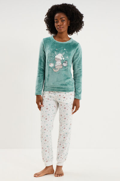 Ensemble pyjama pantalon effet velours bleu gris femme