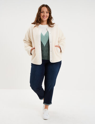 Veste effet polaire boutonn&eacute;e ecru femme grande taille