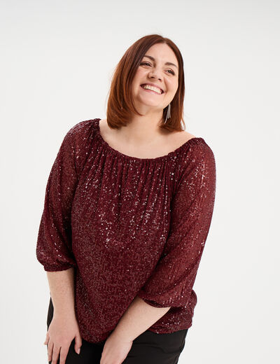 Blouse &agrave; sequins col bardot manches 3/4 rouge fonc&eacute; femme grande taille