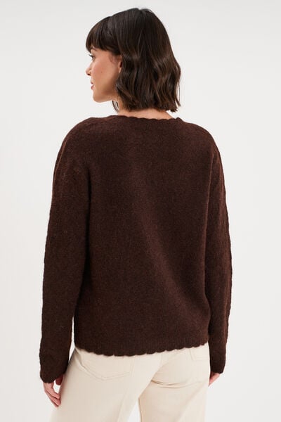 Pull col V ajour&eacute; manches longues marron fonc&eacute; femme