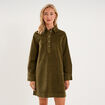 Robe droite velours col chemise vert kaki femme
