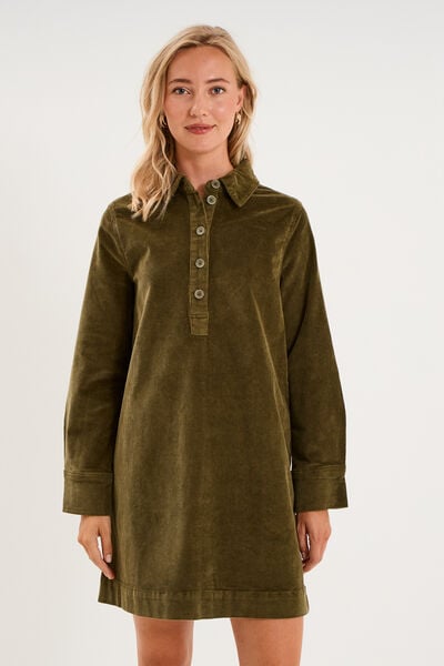 Robe droite velours col chemise vert kaki femme
