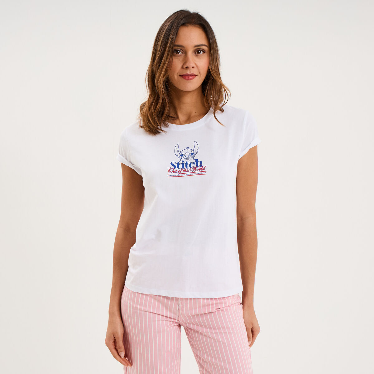 T-shirt manches courtes coton Stitch blanc femme