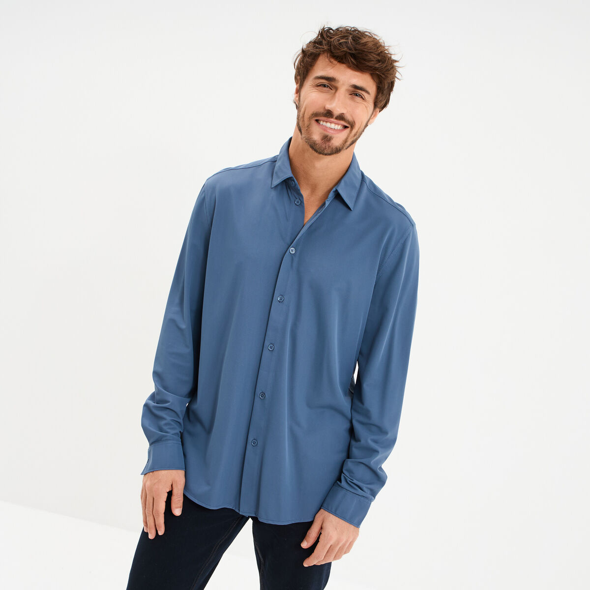 Chemise manches longues stretch bleu gris homme