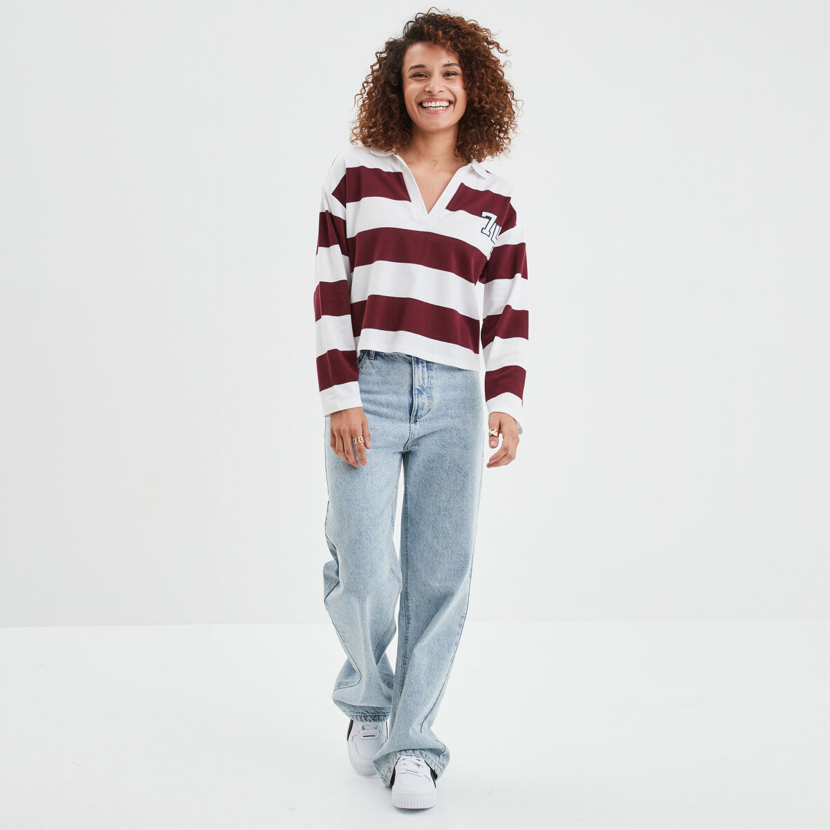 T-shirt col en V manches longues Creeks bordeaux femme