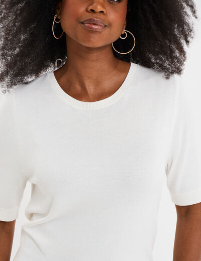 Pull manches courtes col rond blanc femme