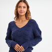 Pull ajour&eacute; col en V manches longues bleu femme