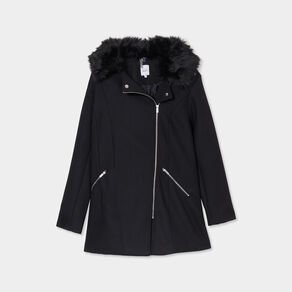 Manteau mi-long col imitation fourrure noir femme grande taille