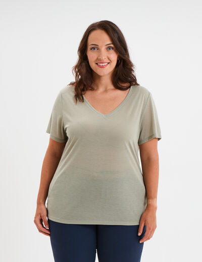 T-shirt manches courtes col V vert kaki femme grande taille