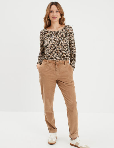 Pantalon chino ceinturé effet velours beige femme