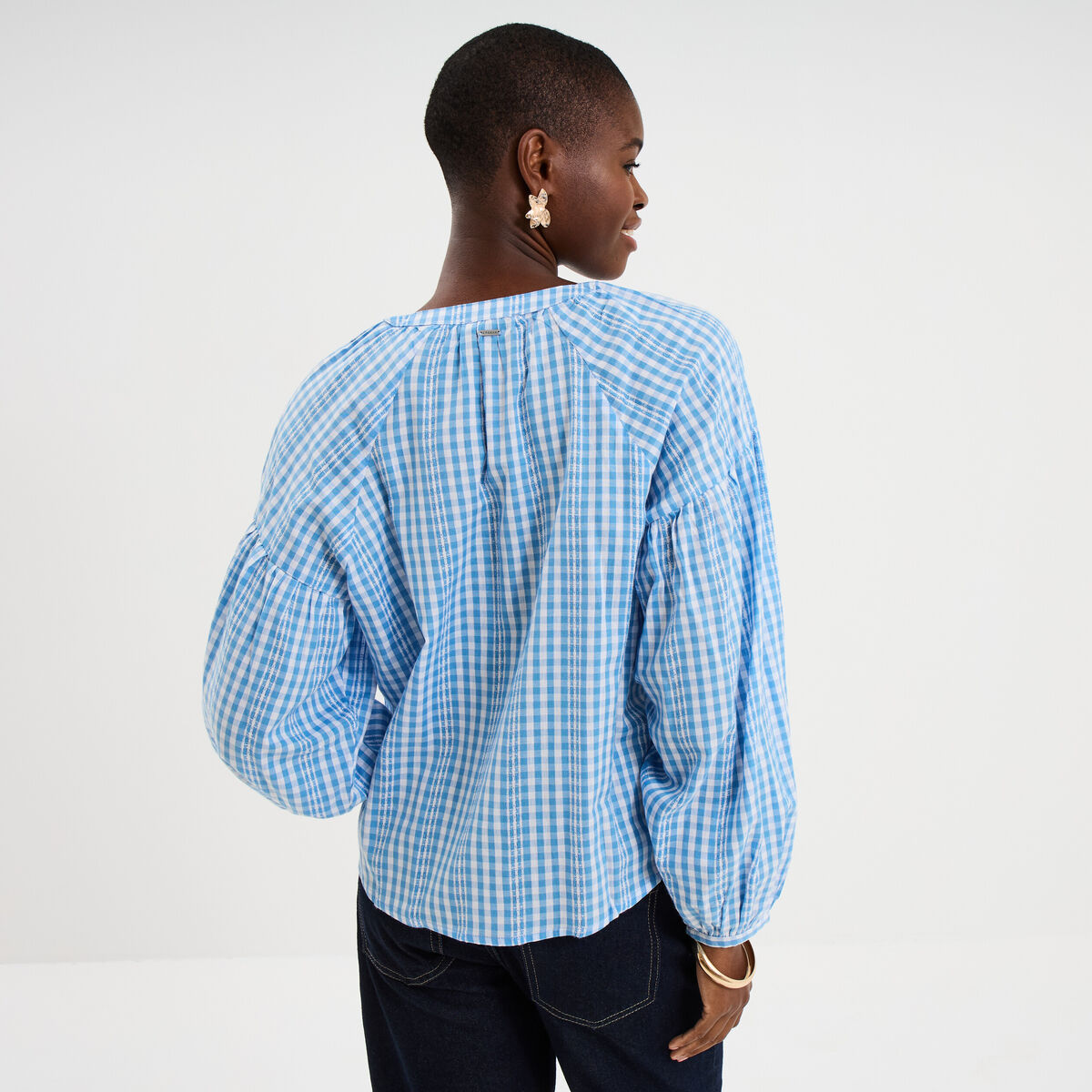 Blouse oversize col tunisien coton bleu clair femme