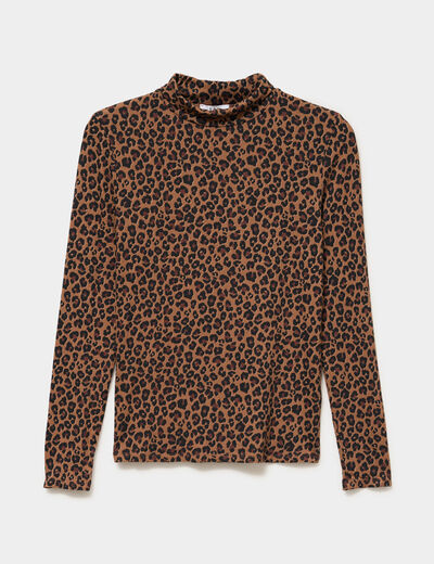T-shirt col roul&eacute; manches longues camel femme