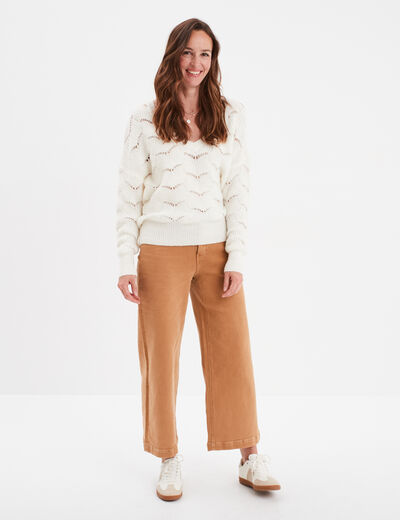 Pull ajouré col en V manches longues sable femme